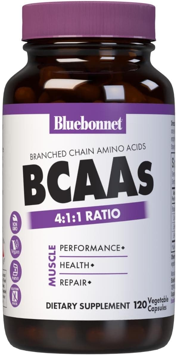 Bluebonnet Nutrition BCAAs 411 Ratio Muscle Performance Muscle Health Muscle Repair NonGMO Vegan Kosher Certified GlutenFree SoyFree DairyFree 120 Vegetable Capsules 30 Servings