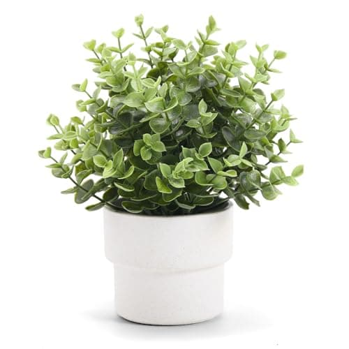 Coferset Small Fake Plants 7.45” Eucalyptus Potted Artificial Eucalyptus Plant for Bedroom Kitchen House Living Room Shelves Farmhouse Table Office Desk Bathroom Home Indoor Decor (Green)