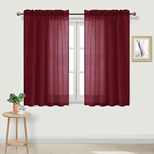 DWCN Christmas Burgundy Sheer Curtains Semi Transparent Voile Rod Pocket Curtains for Bedroom and Living Room 52 x 45 inches Long Set of 2 Panels