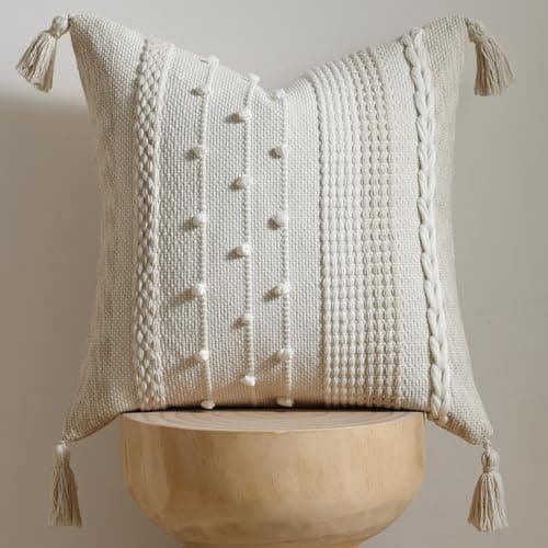 DEZENE Boho Pillow Cover 18x18 Beige Handmade Woven Textured Throw Pillow Case with Cordings Tassels Decorative Accent for Couch Sofa Bed Farmhouse Living Room Bedroom Home Decor