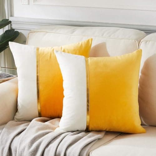 AEROHAVEN™ Set of 2 Premium Velvet with Gold Stripe Decorative Throw Pillow/Cushion Covers with Invisible Zipper - (12 x 12 Inch, Yellow)