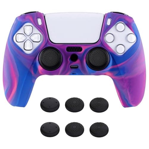 PlayVital Tri-Color Pink & Purple & Blue Camouflage Anti-Slip Silicone Cover Skin for ps5 Controller, Soft Rubber Case for PS5 Wireless Controller with Black Thumb Grip Caps