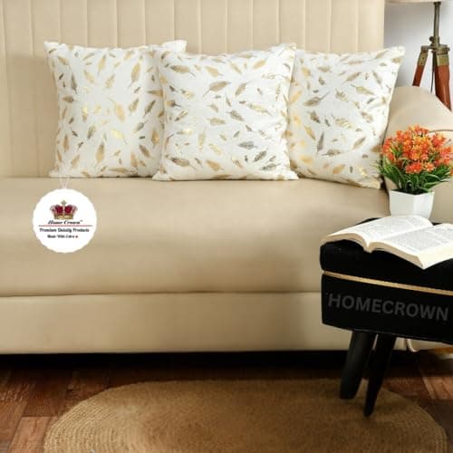 HOMECROWN Velvet Cushion Covers 16x16 Inch – Set of 3 Pcs, Golden Feather Print, Soft Faux Fur Decorative Throw Pillow Covers for Sofa, Couch, Bed, Living Room (White)