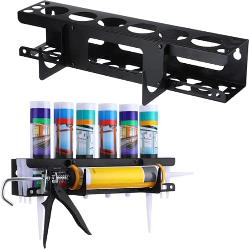 Hicarer 1 Pack Caulking Tube and Gun Holder Caulking Gun Storage Rack with Horizontally Base Sealant Organizer for Garage Workshop Work Van Wall Mounted Tubes and Nozzle (6 Slots)