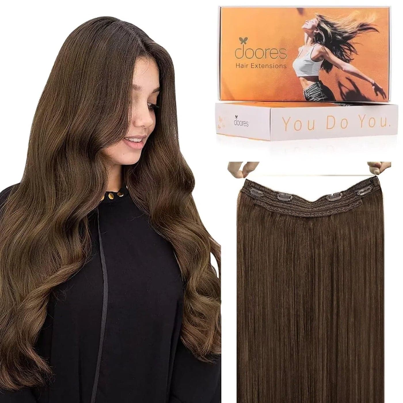 DOORES Wire Hair Extensions 12 Inch 70g Remy Human Wire Hair Extensions Invisible Transparent Line Adjustable Hairpieces Secret Extensions Straight Hair Chocolate Brown