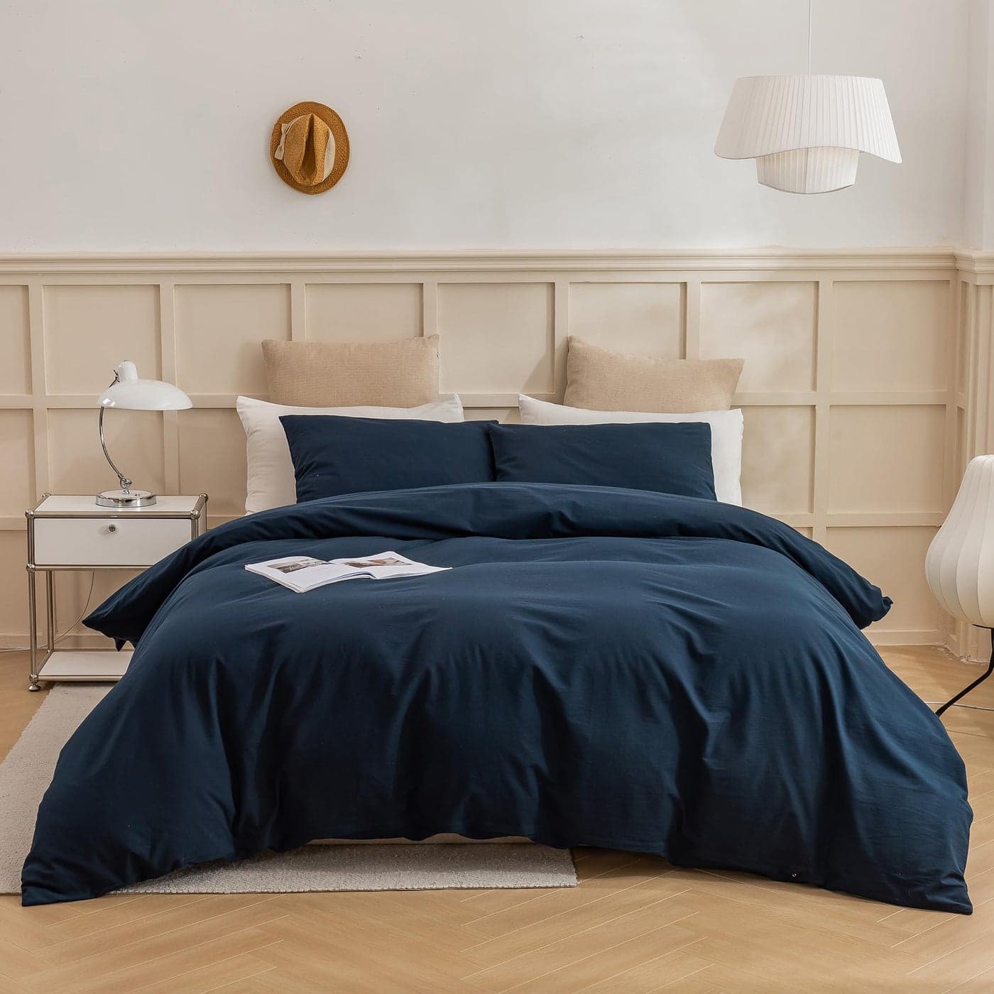 ECOCOTT Navy Blue Duvet Cover King 100 Washed Cotton 3 Piece Bedding Set 1 Duvet Cover with Zipper and 2 Pillowcases Ultra Soft and Easy Care Breathable Duvet Cover Navy Blue