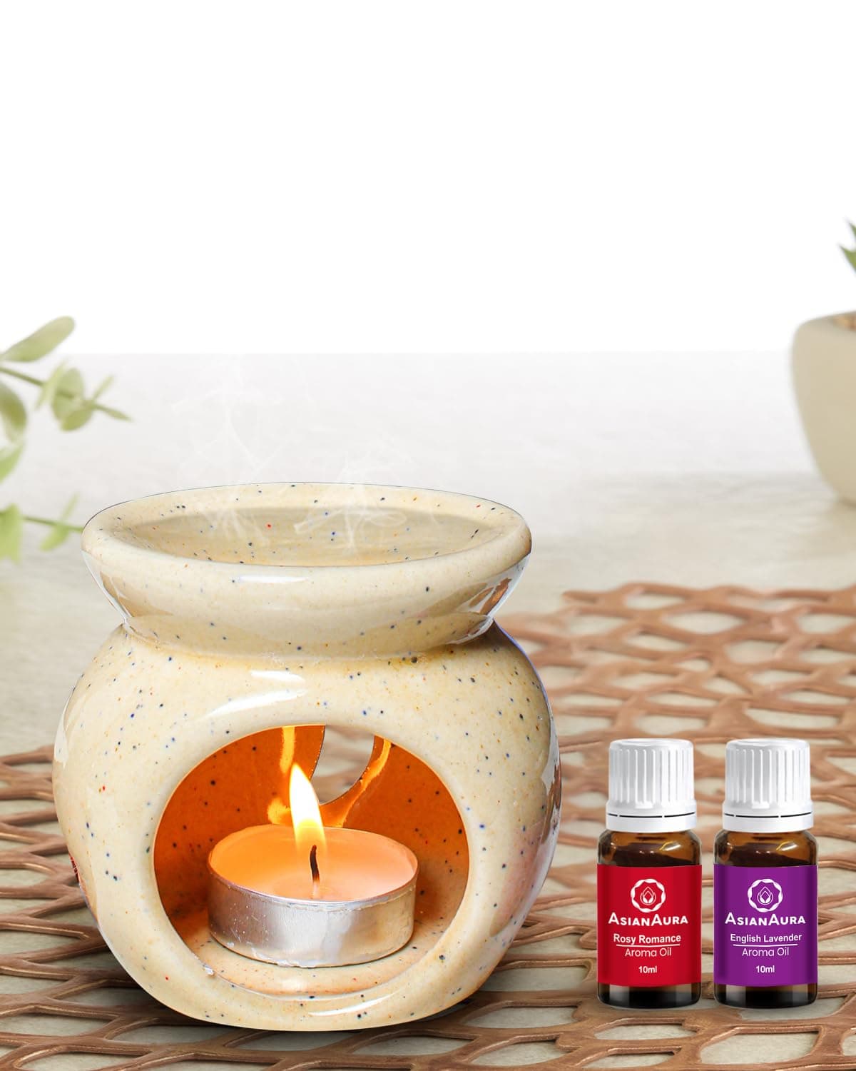 Asian Aura Candle Ceramic Aroma Diffuser for Home Fragrance/Office/Yoga Meditation/Aromatherapy with 1 Tea Light Candle & 2 Fragrance Oils (English Lavender & Rosy Romance Scent) 10Ml Each | Brown
