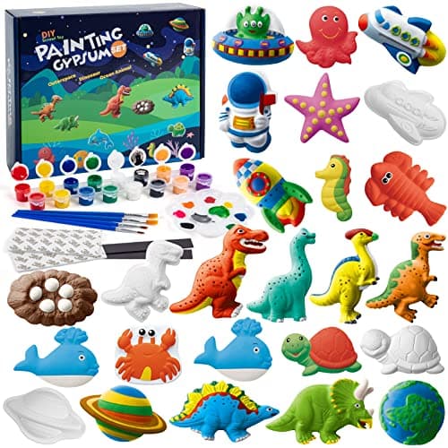 Juboury Kids Arts and Crafts Plaster Painting Craft Kit Art Set Painting Your Own Space Dinosaurs Marine Life Figurines Ceramic Painting Kit for Kids Girls Boys Toddlers