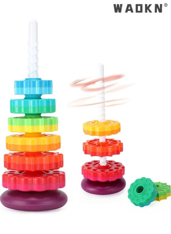 Baby Spinning Stacking Toys, 1-3 years kids Rainbow Ring Stacker Montessori Toys for Babies, Sensory Toys for Toddlers, Christmas and Birthday Gifts Suitable for Boys and Girls ,geometric Ring Stacking and Joyful Rotating Tower,40.5*14.7cm.