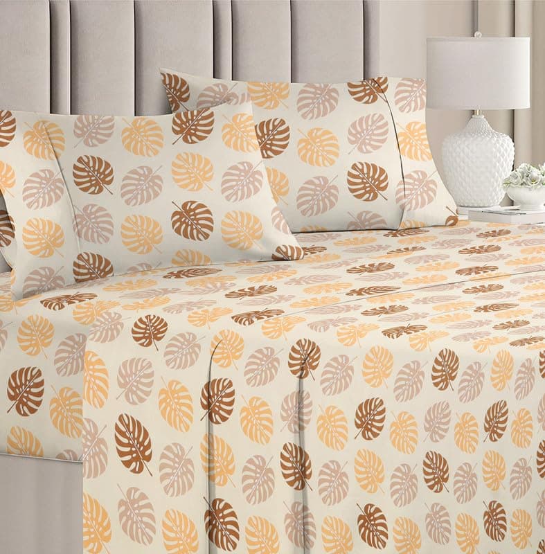 BSB Home Premium Pure Cotton 220 TC Flat Double Bed Floral Bedsheets for Summer Breathable | Wrinklefree (Size-220 x 230 Cm) with 2 Pillow Covers (Size-17 X 27 Inches, Beige & Brown)
