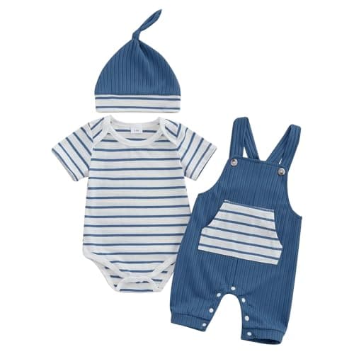 Bonangber Newborn Baby Boy Summer Clothes Stripe Short Sleeve Romper Suspender Pants Hat 3Pcs Set Cute Coming Home Outfit (A-Blue,0-3 Months)