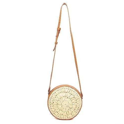 Habere India All the Cultures Raffia Sling Bag - Crossbody, Beach, Bali - Round Cane (L20, B20, H6 Cm, Beige)