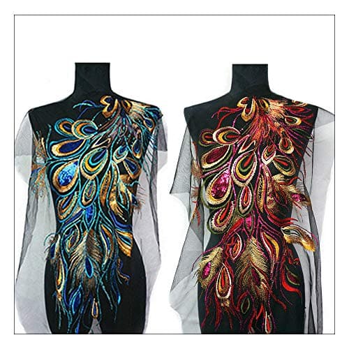 Acxico 2 Pcs Sequined Peacock and Phoenix Feather mesh Embroidery Applique DIY Embroidery Accessories 1 Piece Each for Royal Blue and Bright Purple