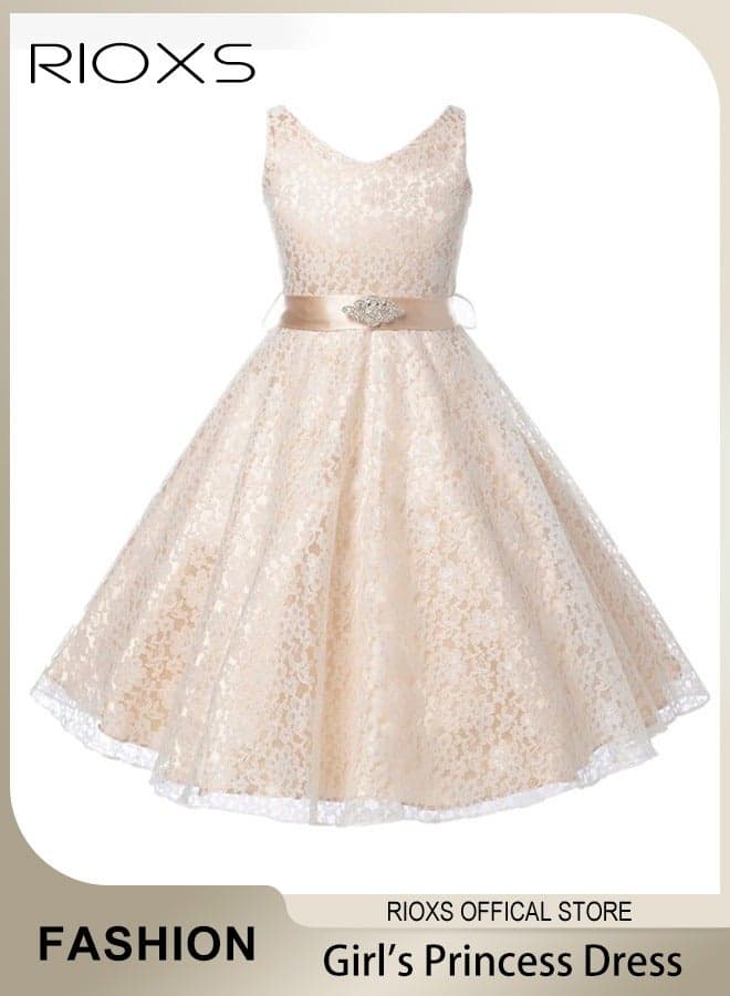 Kids Girls Tulle Princess Dress, Elegant Lace Gowns Dress V Neck Sleeveless Dress for Toddler Girls, High Waist A-Line Summer Midi Dress with Belt, Ligheweight Pageant Gown for Performance, Party, Wedding, Birthday, Photo Shoot and More, Champagne Color