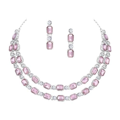 Atasi International Double Layer Silver Plated White and Pink Crystals Diamond Necklace with Earrings for Women - Jewellery Set for Party, Wedding, Engagement (RP6184)