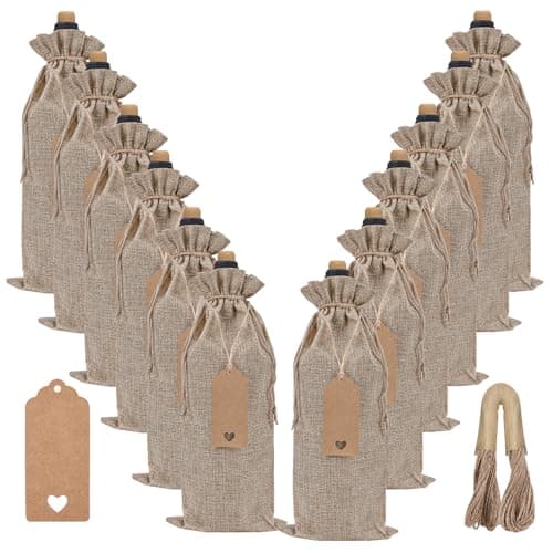 EVRWO Burlap Wine Bags 12 Pcs Wine Bottle Gift Bags With Drawstrings Tags Ropes for Holiday Weedings Party Birthdays Travel Blind Tastings Reusable Bag Home Storage 750ml Natural