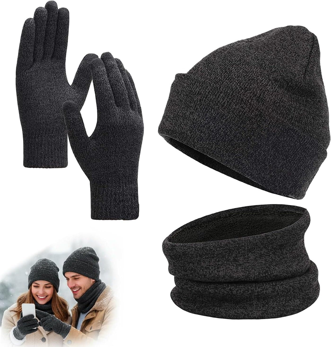 Winter Beanie Hat Scarf Touchscreen Gloves Set, Knit Thick Fleece Lined Warm Touchscreen Gloves Beanie Scarf Set for Men and Women, Women Winter Hats 3-Piece Warmer Gift Box