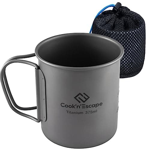COOK'N'ESCAPE 450ml Camping Mug, Small Titanium Cup with Lightweight Backpacking Coffee Mug Foldable Handle for Outdoor Hiking Picnic Open Fire Cooking