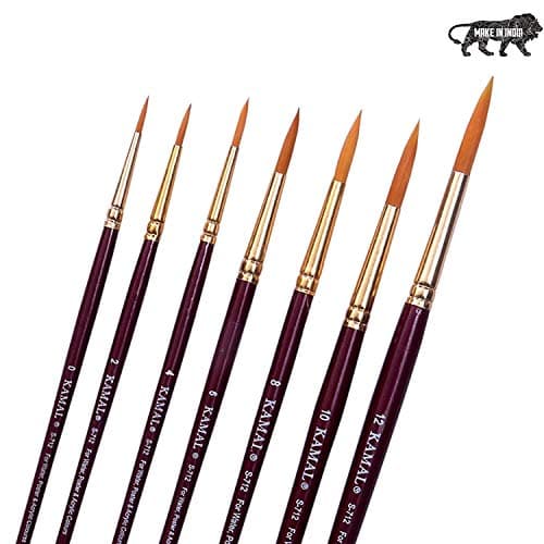 KAMAL Round Artist Quality Painting Brush Golden Taklon / Synthetic Hair Handmade Quality (Maroon/Golden Handle )
