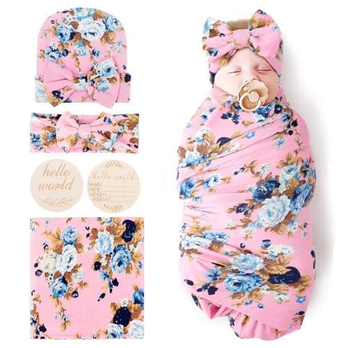 DRESHOW BQUBO Baby Girl Newborn Floral Receiving Blankets with Bow Hat Headband Wooden Birth Announcement Card Set Newborn Baby Swaddling Hats Sleepsack Toddler Warm Shower Gift