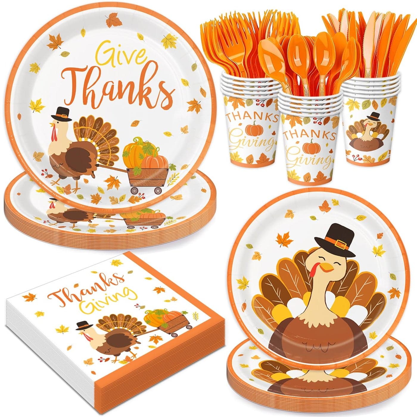 168 Pcs Turkey Thanksgiving Party Supplies Kit Give Thanks Decorations Includes Plates Napkins Cups Cutlery for Thanksgiving Party Decorations Serve 24
