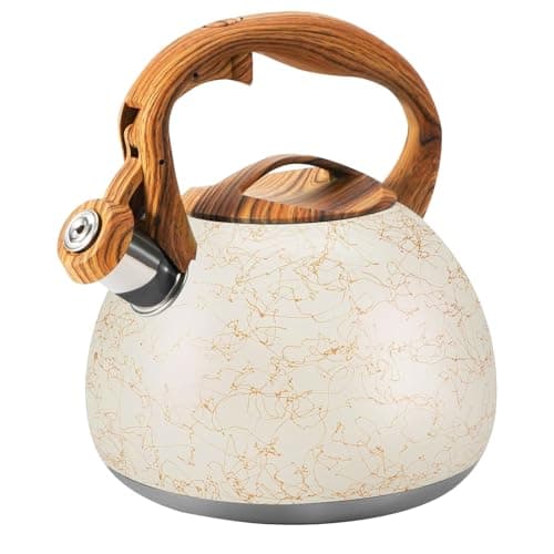 Foedo 3.2 Quart Whistling Tea Kettle Stovetop, Stainless Steel Tea pot with Wood Grain Handle, Loud Whistle Kettle for Boiling Water, Coffee & Milk, Easy-Pour Spout Classic Design (Off-white)