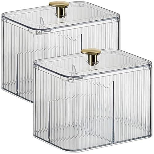 Toyosport 2 Pcs Qtip Holder with Lid Qtip Holder Dispenser 3Section Cotton Ball Holder Cotton Ball Holders and Storage Clear Storage for Bathroom Vanity