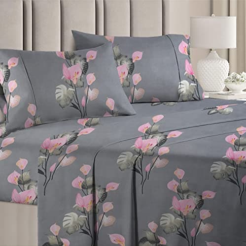 BSB Home 100% Cotton Feel 160 TC Big Flower Printed Double Bedsheets with 2 King Size Pillow Cover, (90X90 Inches, 7x7.5 Feet, Grey & Pink Flower), 160tc, Under 200 tc