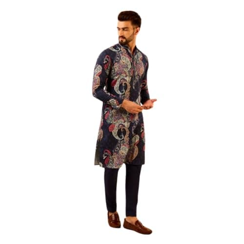 KISAH Mens Printed Cotton Blend Kurta – Traditional Ethnic Wear Kurta for Men for Weddings & Festivals Navy Blue