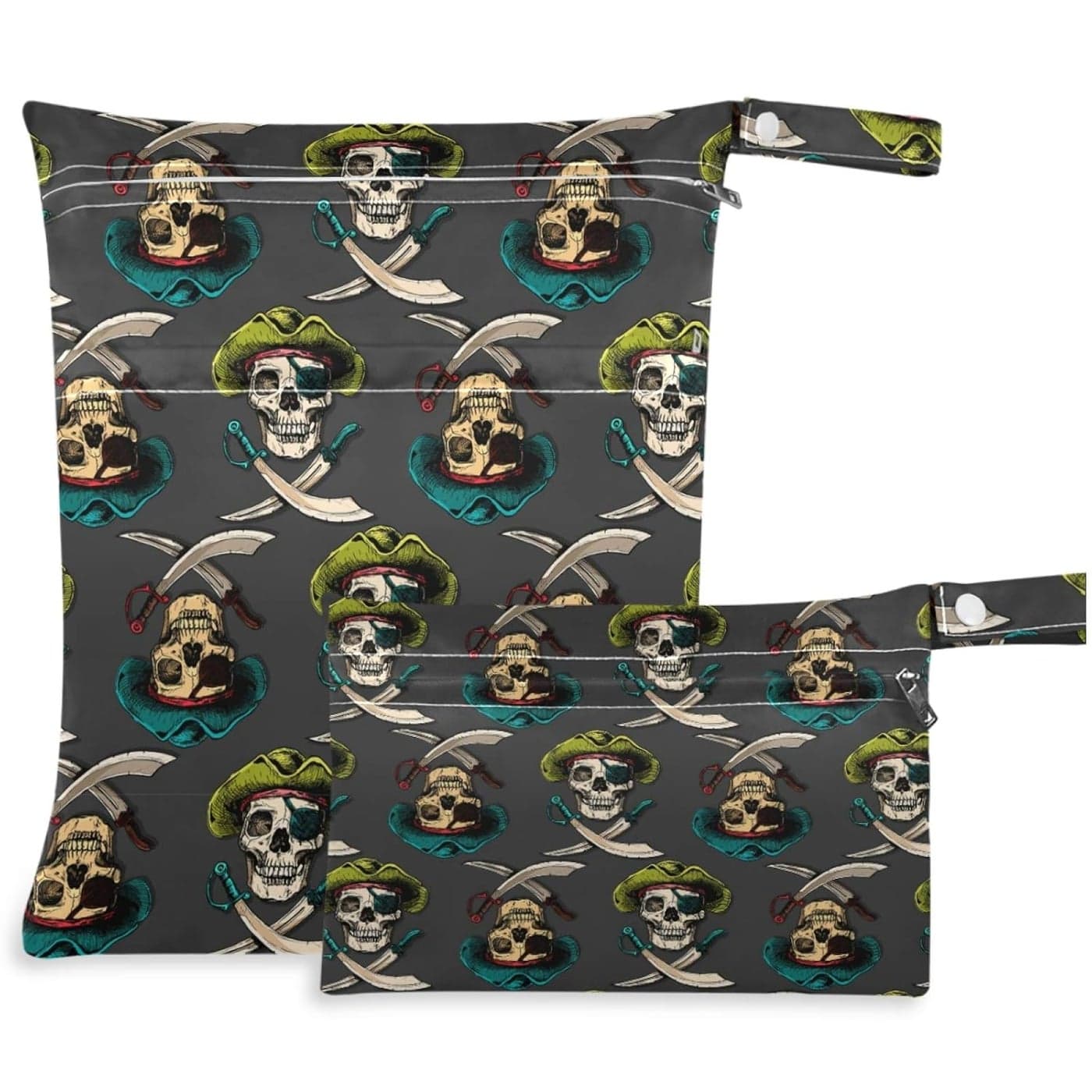 visesunny Vintage Pirate Skull Print 2Pcs Wet Bag with Zippered Pockets Washable Reusable Roomy for TravelBeachPoolDaycareStrollerDiapersDirty Gym Clothes Wet Swimsuits Toiletries