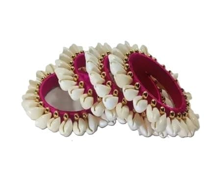 ROCKYMOUNT Natural Kodi Shell/Cowrie Beads Shell Bracelets Set for Women and Girls | Stylish & Fashionable Bangles For Weddings & Festivals, 4 Pieces (Pink, 2.4 Inches)
