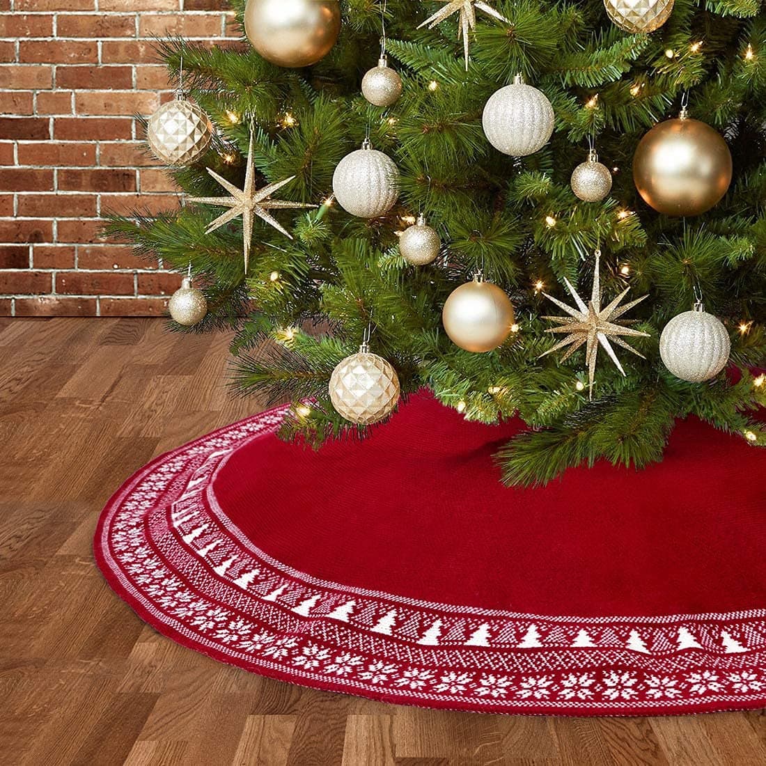 Dremisland Christmas Tree Skirt Luxury Cable Knitted Thick Rustic Xmas Tree Decoration Red Tree Skirt with Snowflake Xmas Tree Farmhouse Christmas Decor Holiday Home Party Decor 36inch90cm Red