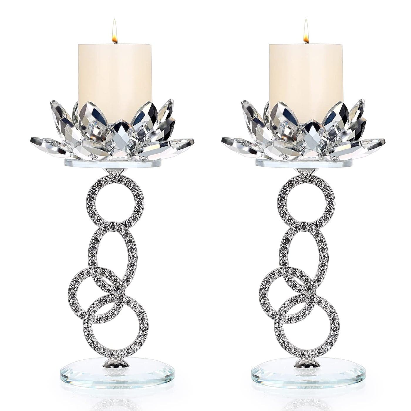 OwnMy Set of 2 Crystal Lotus Flower Candle Holders Metal Glass Lotus Pillar Candlestick Holders Silver Crystal Lotus Tealight Candlesticks Votive Candle Stands for Wedding Table Centerpiece 75 H