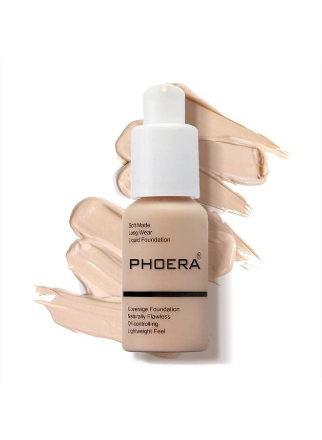 PHOERA Foundation Makeup Naturally Liquid Foundation Full Coverage Mattle Oil-Control Concealer 8 Colors Optional,Great Choice For Gift (#102 Nude,30ml)