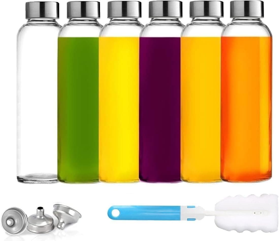6 Pack 500ml Clear Glass Water Bottles with Leakproof Lids, Reusable Juice Bottles with Cleaning Brush & Funnels, Wide Mouth Drink Containers for Juicing, Smoothies, Sauces, Fridge Storage