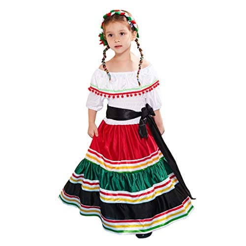 ReneeCho Mexican Dress for Girls Halloween Costume Kids Traditional Senorita Blouse Flamenco Dance Skirt