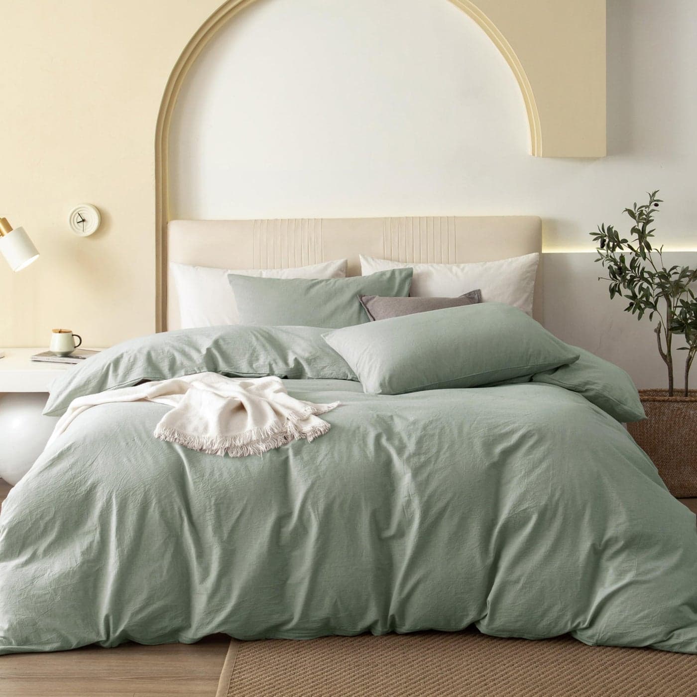JIYUAN 100 Washed Cotton Duvet Cover Set 3 Pieces Queen 1 Duvet Cover 90x90 InchesComforter Not Included and 2 PillowcasesLinen Feel Bedding Set Comfy and Breathable Heathered Sage Green