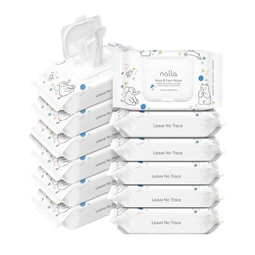 Nolla Nose and Face Wipes for Babies & Kids with Saline, Vitamin E, & Aloe | Unscented | Compostable, 360 Count (12 Packs of 30)