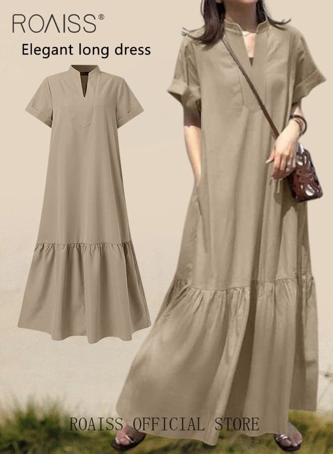 Women Summer Frock, V-Neck Short Sleeve A-Line Dress with Ruffle Hem, Stylish Elegant Maxi Dress for Ladies, Perfect for Daily Wear and Outdoor Activities