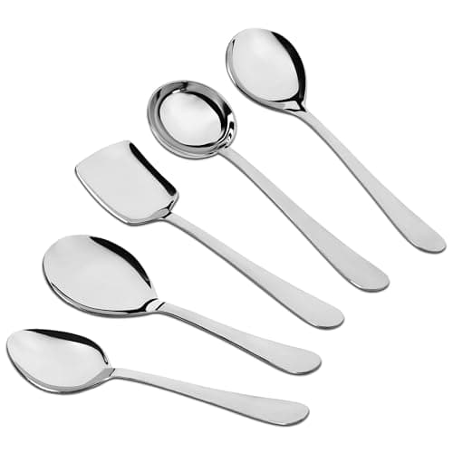Parage 5 Pieces Stainless Steel Serving Spoon Set for Dining Table/Kitchen, 1.8 mm Heavy Gauge (1 Soup Ladle (Karchi), 1 Solid Spoon (Chamcha), 1 Rice Spoon, 2 Basting/Serving Spoon), Silver