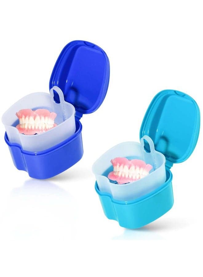 2 Pack Colors Denture Bath Case Cup Box Holder Storage Soak Container with Strainer Basket for Travel Cleaning (Light Blue and Blue)