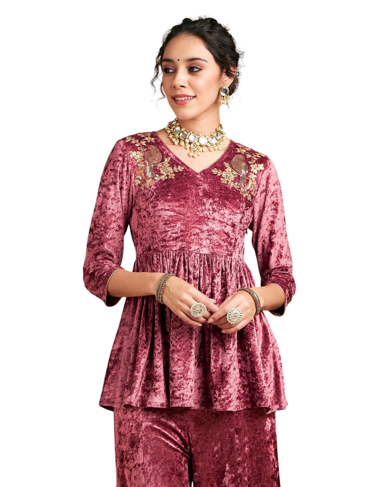 Shae by SASSAFRAS Women Pink Velvet Embroidered Peplum Top -L