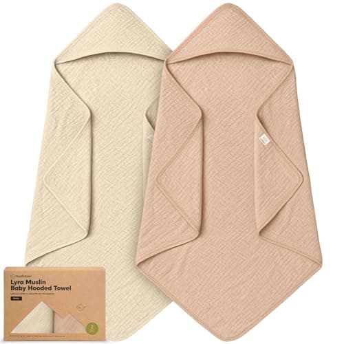 KeaBabies Muslin Hooded Baby Towels for Newborn Girls, Boys - 2-Pack, 30x30 Organic Cotton Baby Bath Towels Hooded, Soft Absorbent, Toddlers, Kids, Infant, Newborn Bath Essentials (Almond, Petite)