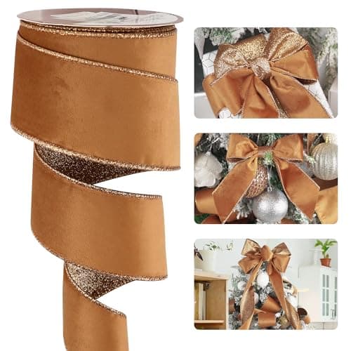 HUIHUANG Copper Velvet Tree Ribbon with Glitter Backing 212 Wide for Christmas Tree Toppers Wreaths Garlands 10 Yards
