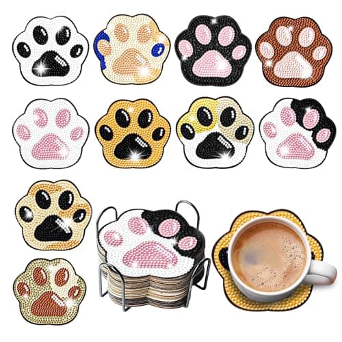 10 pcs Diamond Painting Coasters | Diamond Art Coasters | Cat Paw Diamond Art Painting | Perfect Art Craft Gift for Cat Lover, Dad, Mom, Grandparents, Brother, Sister.