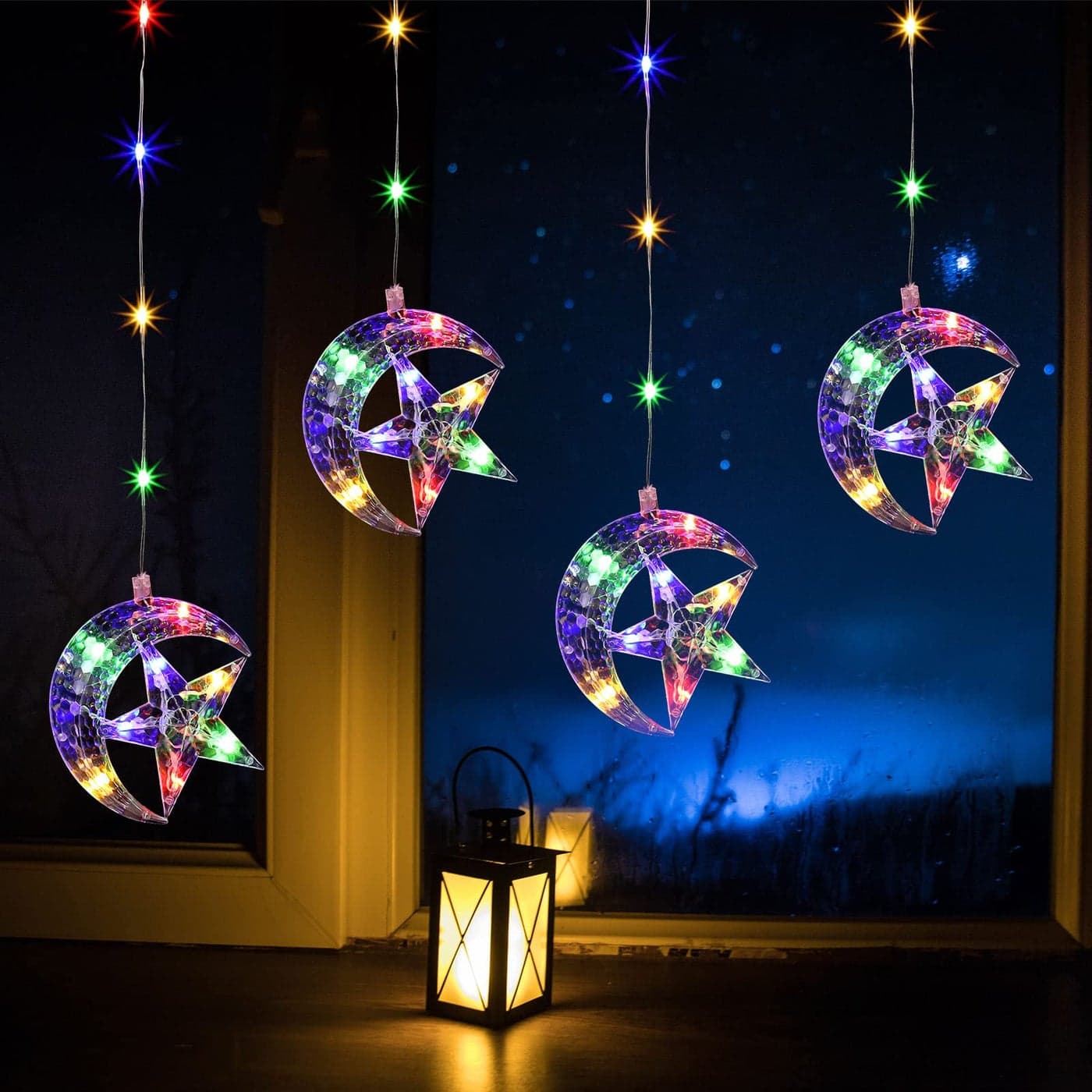Ramadan Decorations for Home LED Eid String Window Lights 3ft Hanging 4 Moon and Star Battery and USB Powered Ramadan Lights Decorations for Eid Mubarak Decor Yellow Red Blue Green