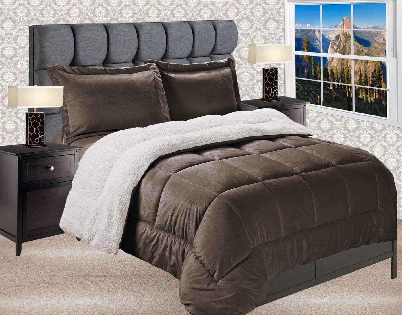 Elegant Comfort Premium Quality Heavy Weight Micromink SherpaBacking Reversible Down Alternative MicroSuede 3Piece Comforter Set Full Chocolate Brown