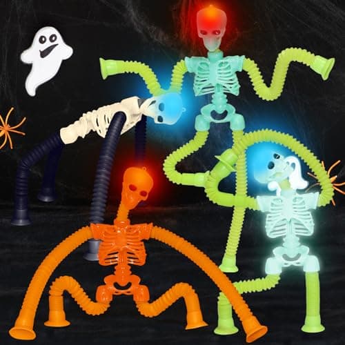 Halloween LED Skeleton Pop Tubes Light Up 4 Pcs Halloween Sensory Fidget Toys Telescopic Suction Cup Autism ADHD Halloween Party Favors Goodie Bags Basket Stuffers Trick or Treat Toys for Kids 3