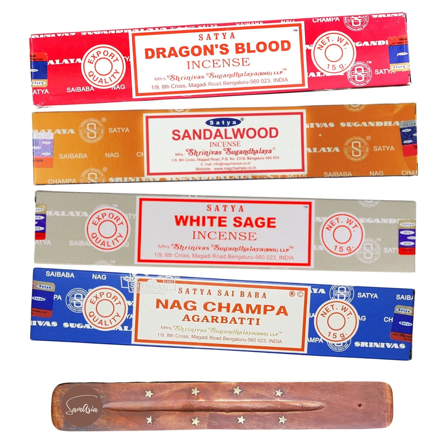 Satya Nag Champa Incense Sticks 4 unique and premium flavours Dragons Blood Sandalwood White Sage and Agarbatti and comes with SAMASIA incense holder