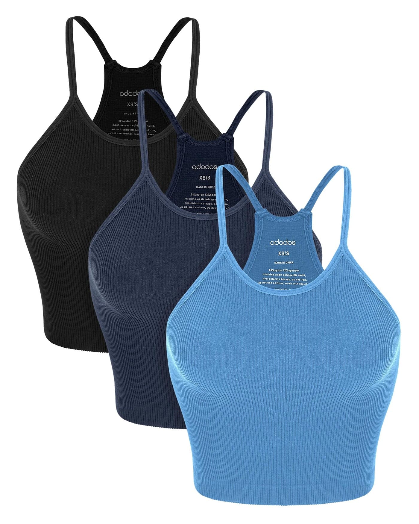 ODODOS Women's Crop Camisole 3-Pack Seamless Rib-Knit Crop Tank Tops, Long Crop, Black Navy Blue, X-Large/XX-Large